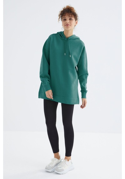 Tommy Life Deniz Yeşili Reglan Kol Basic Kapüşonlu Oversize Sweatshirt Tunik - 97242 Yeşil