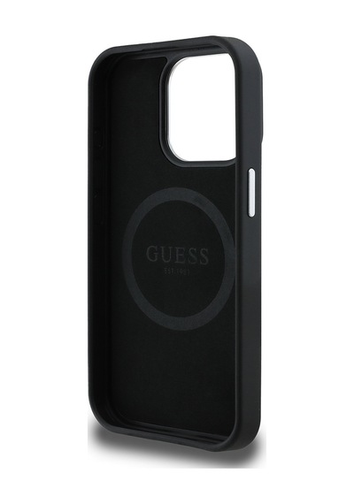 Apple Uyumlu iPhone 15 Pro Max Kılıf Guess Lisanslı M-safe Şarj Özellikli Grained Triangle Kapak Siyah