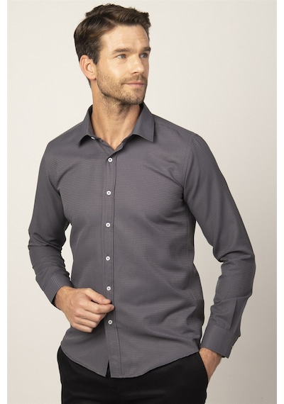 Tudors Modern Fit Uzun Kol Armürlü Kravatlık Erkek Gömlek-26541 Gri