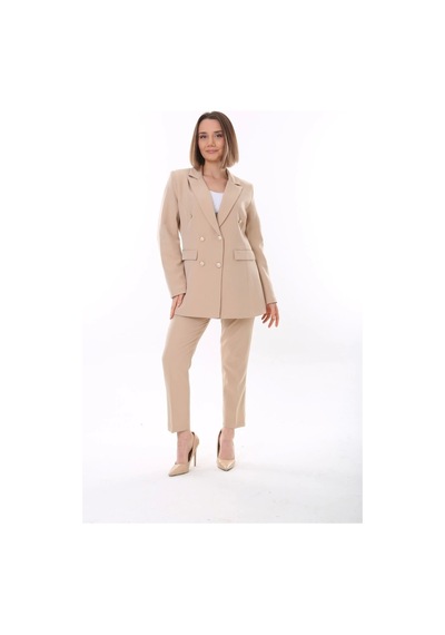 Kadın Düğmeli Blazer Ceket Kemerli Pantolon Dokuma Atlas Kumaş Takım Elbise - Saks Mavi Kadın Düğmeli Blazer Ceket Kemerli Pantolon Dokuma Atlas Kumaş Takım Elbise - Saks Mavi