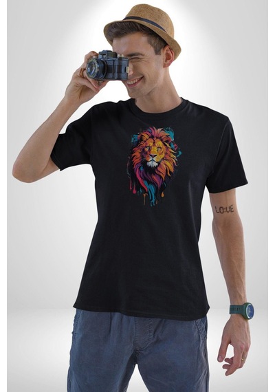 Renkli Yağlı Boya Aslan Unisex Unisex Siyah Organik Baskılı T-shirt Penye Yüksek Kalite Siyah