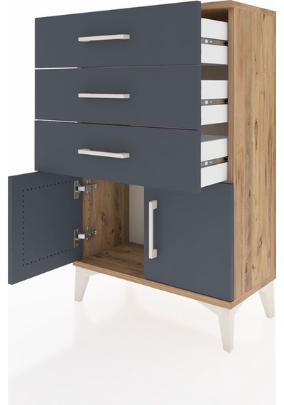 Arges Komodin 3 Çekmeceli 2 Kapaklı 60x30x96 Çam-antrasit Atlas Çam