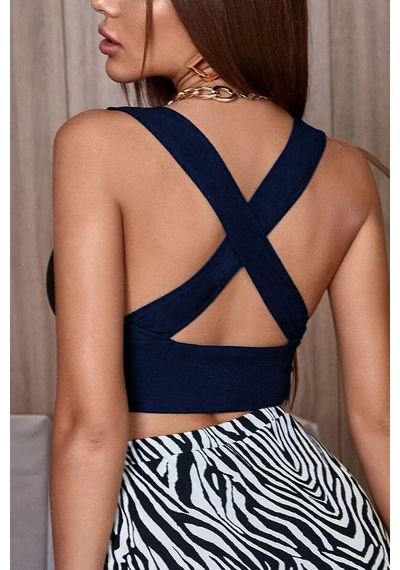 Terapi Men Kadın Lacivert Çapraz Sırt Detaylı Crop Top Bluz Lacivert