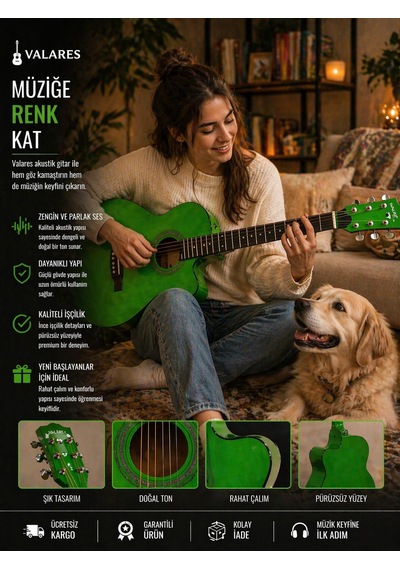 Valares 38c Kesik Kasa Yeşil Akustik Gitar 38 İnç 4/4 Yetişkin Üst Segment Full Setli Askı + Capo + Tuner + Pena + Tel + Temizleme Bezi