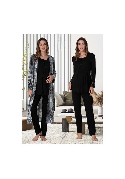 Effortt Dvina Lohusa Hamile Desenli Sabahlıklı Uzun Kollu Pijama Takımı - Siyah Siyah