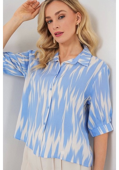 Defymoda Desenli Kısa Kol Crop Gömlek 20337 - Mavi Mavi