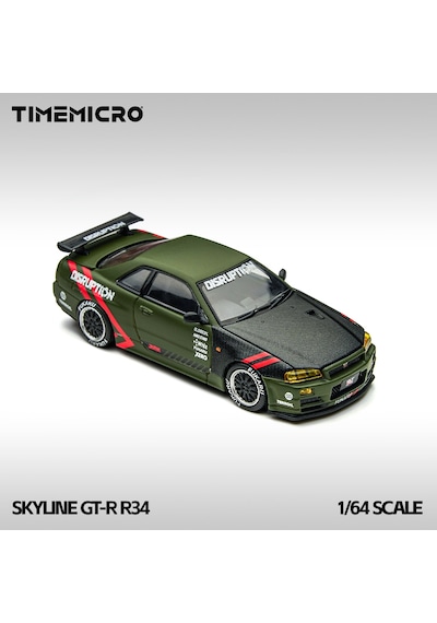 Timemicro 1:64 Nissan Skyline Gt-r R34 Matte Green Disruption Kaput Bagaj Açılır Tm646317 Yeşil