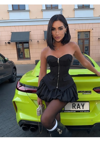 Havens Pamela Çizgili Balon Şort Etekli Takım Siyah