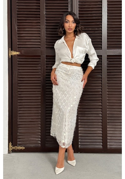 Verymoda Pul Detaylı Abiye Midi Etek F2012 Krem