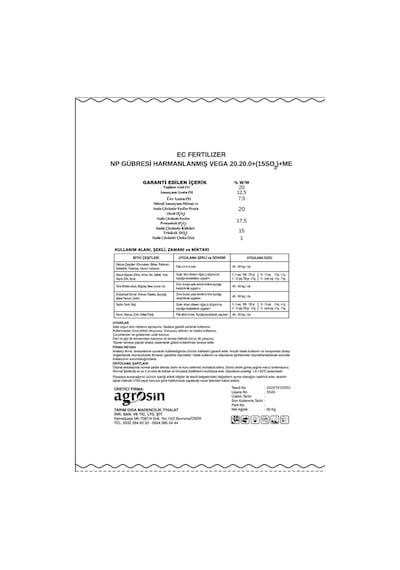 Agrosin Vega 20.20.0+(15SO3)+ME Çinkolu NP Granül Taban Gübresi 50 kg -