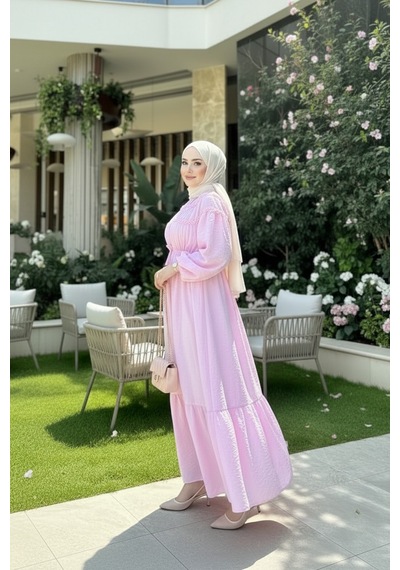 Stilkusagi Kadın Pembe Yaka Fırfırlı Bel Bağlamalı Elbise