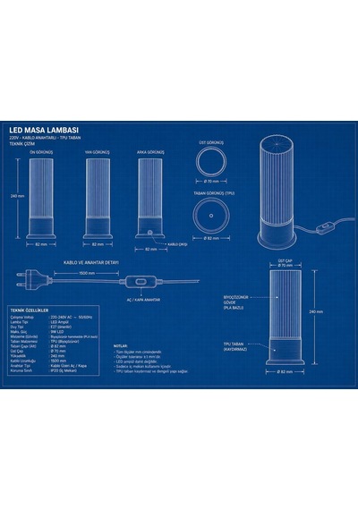 Led Masa Lambası, Biyoçözünür Pla Gövde, Tpu Taban, E27 Duy, 220v, Kablo Anahtarlı, 240mm, Beyaz Ve Siyah Diğer