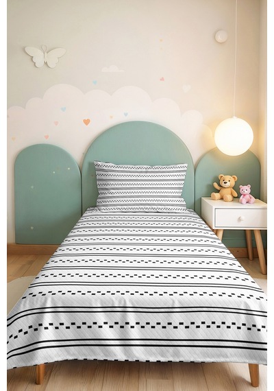 Siyah Çizgili Geometrik Genç Odası Tek Kişilik Pike Takımı - Modern Minimal 160x220 Cm Yatak Örtüsü Mistik Meşe Sırları