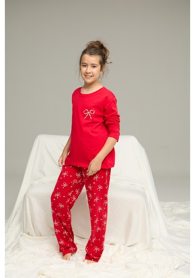 Siyah İnci Pamuklu Bisiklet Yaka Örme Pijama Takım25241155 Kırmızı