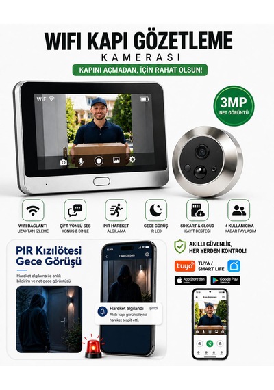 3mp Net Görüntü Wıfı Kapı Gözetleme Ekranlı Kapı Zili Kızıl Ötesi Gece Görüşü Hareket Algılama 4 Kullanıcıya Kadar Paylaşım Full Hd Çift Yönlü Ses Kapı Kamerası Akıllı Kapı Görüntüleyici