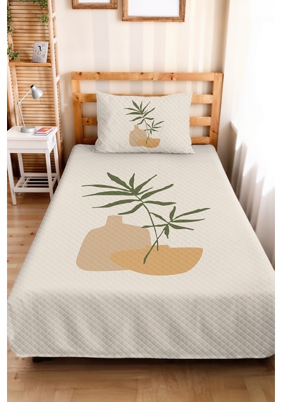 Botanik Yeşil Genç Odası Tek Kişilik Pike Takımı - Minimal Bej 160x220 Cm Kapitone Yatak Örtüsü Kumlu Yün Serinliği
