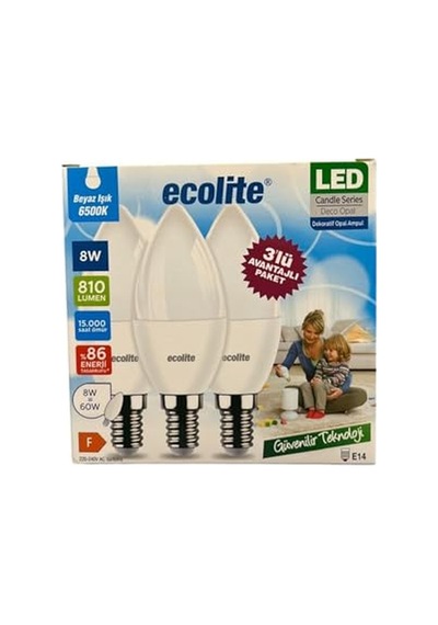 Ecolite 8 W Led Mum Ampul E14 Duy, 3'lü Paket, 810 Lümen, 6500k Beyaz Işık, 60w Eşdeğer, Opal Dekoratif Ampul, Diğer