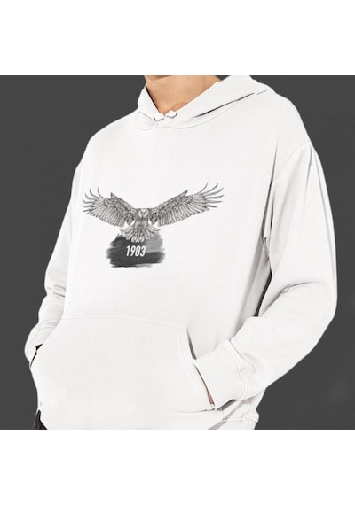 Kara Kartal Baskılı Cepli, Kapşonlu Beyaz Unisex Sweatshirt Hk21 Çok Renkli