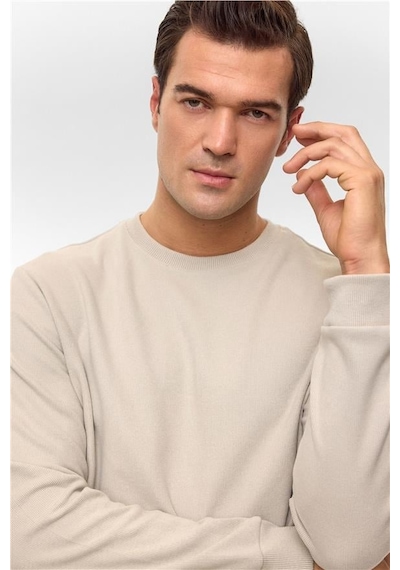 Süvari Ekru Regular Düz Bisiklet Yaka Sweatshirt Ekru
