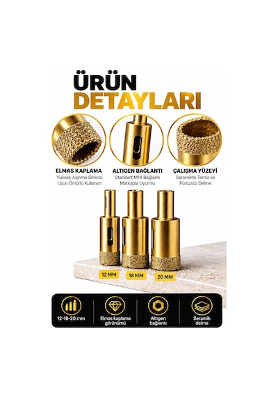 Seramik Delme Pançı 3 Lü Set 12-18-20 Mm Elmas Kaplama M14 Uyumlu