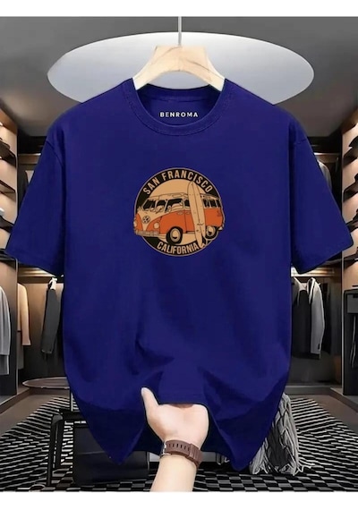 Woswos Baskılı Oversize Tişört Saks Mavisi