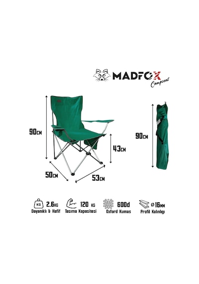 Madfox Campseat X90 Katlanır Kamp Sandalyesi Taşıma Çantalı Yeşil