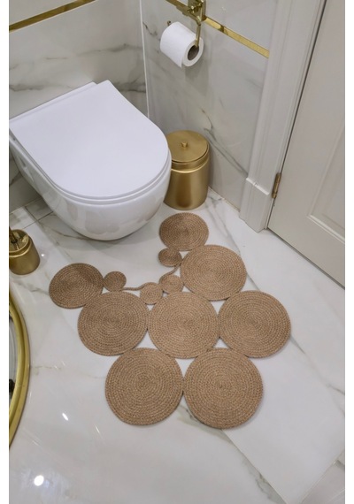 El Yapımı Bohem Jüt, Hasır, Paspas, Banyo Paspası, Klozet Önü Paspası, Klozet Paspas, Çift Taraflı Bej
