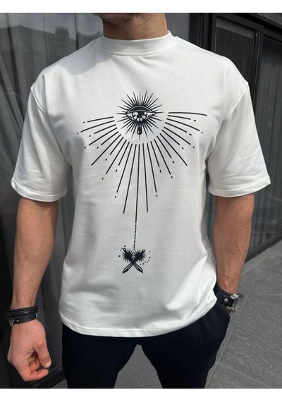Erkek Kısa Kol Tişört Bisiklet Yaka Gül Baskılı Oversize T-shirt - Beyaz