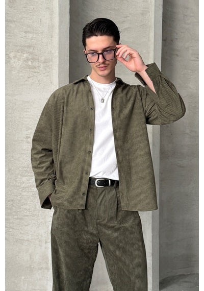 Erkek Oversize Kesim Kadife Gömlek Haki