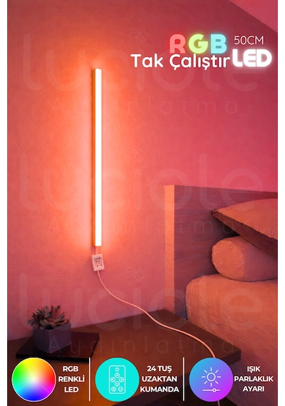 Uzaktan Kumandalı Led Aplik - Yatak Üstü, Tv Yanı ,oturma Odası - Rgb Çok Renkli 50 Cm