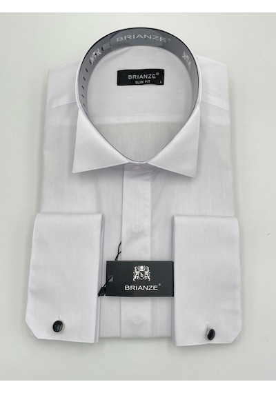 Brianze Beyaz Ata Yaka Damatlık Slim Fit Gömlek Kol Düğmesi Hediye Beyaz