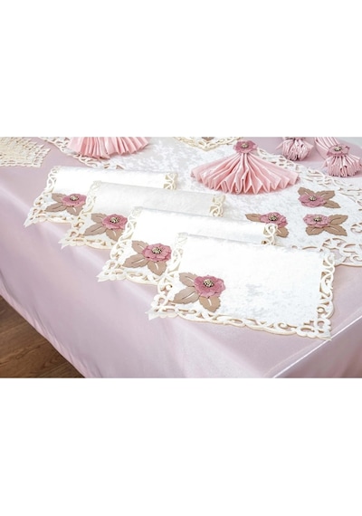 Afife Kadife Krem Pudra Sofra Takımı 8 Kişilik 160x230 Cm 34 Parça -1426 Çok Renkli