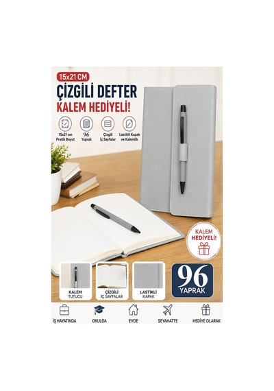 Kaliteli Kapaklı Lastikli Not Defteri A5 15x20cm 1 Adet Lizz Sf3kl Sert Kapak Ciltli 96 Yaprak Çizgili Tükenmez Kalem Gri
