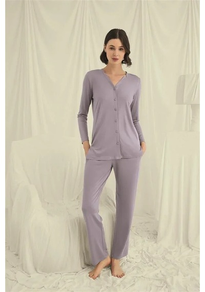 Ang Butik Kadın Uzun Kollu Boydan Düğmeli V Yaka Pijama Takımı Gri