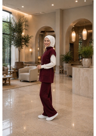 Bordo Yelekli 2 Li Takım Modern, Rahat Ve Şık Günlük Kombin