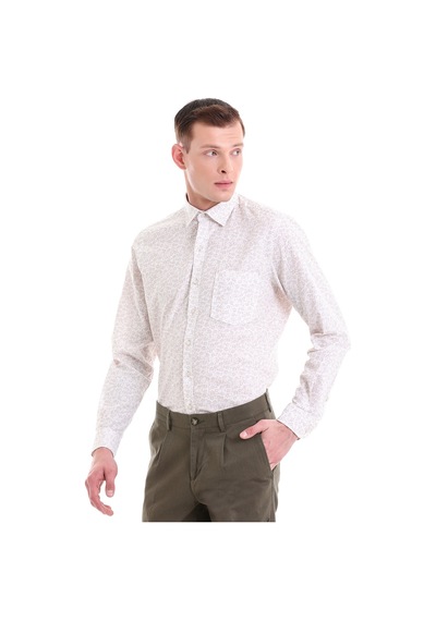 Hatemoğlu Bej Comfort Fit Baskılı 100% Pamuklu Slim Yaka Uzun Kollu Klasik Bej