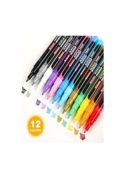 12 Renk Akrilik Markör Keçeli Kalem 1 Adet 12 Li Acrylic Paint Marker Taş Cam Metal Seramik Plastik Tuval Ahşap 0.5 Cm