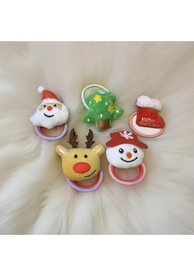 Yılbaşı Temalı Peluş Lastik Toka Seti Noel Baba, Geyik, Çam Ağacı Figürlü 5'li -213 Beyaz