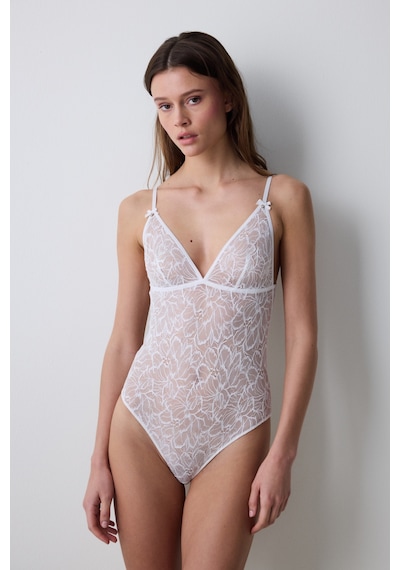 Penti Kırık Beyaz Çiçekli Dantel Aksesuar Detaylı Balensiz Gelin Bodysuit Beyaz