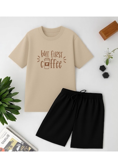 Uyguntarz But First Coffee Baskı Şort Takım Bej