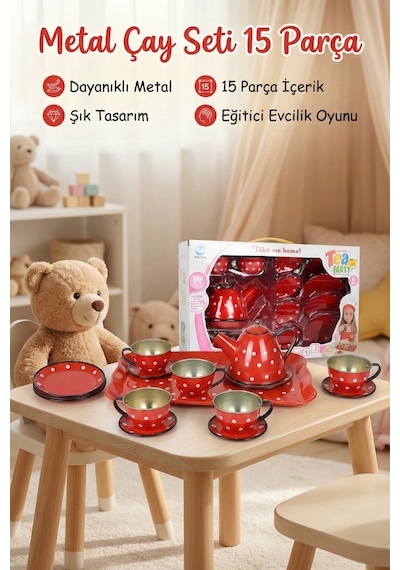 Kırmızı Puantiyeli Metal Oyuncak Çay Seti 15 Parça - Eğitici Teneke Evcilik Mutfak Oyun Takımı