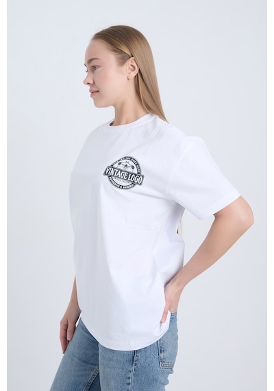 Kadın Oversize Baskılı T-shirt Beyaz Vintage Logo Beyaz