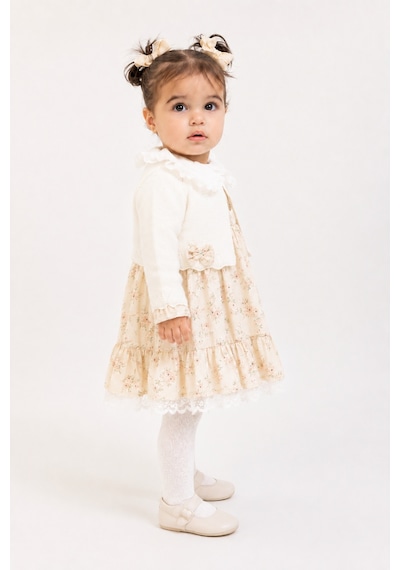 Babyhola Kız Bebek Çiçekli Elbise Triko Hırka 2 Li Takım 3027 Ekru