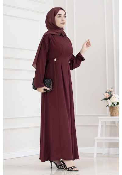 Sevitli Beli Toka Detaylı Tesettür Elbise-bordo-5661 Bordo