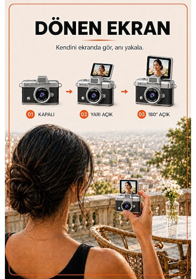 Solvis Mini Dijital Kamera Retro Tasarım Hd Video Selfie Çekim 180 Döndürülebilir Ekran Taşınabilir Kamera