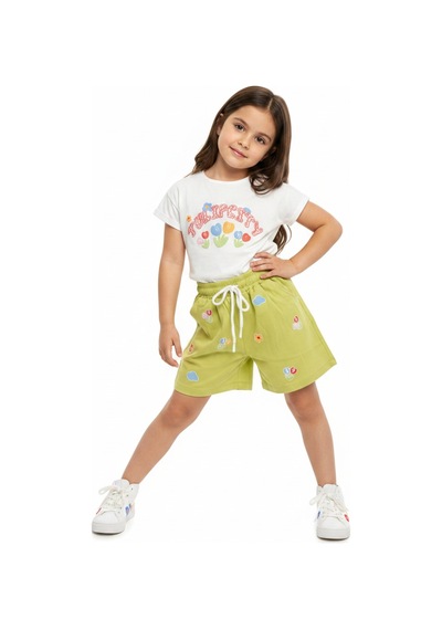 Toontoy Kids Toontoy Kız Çocuk 2'li Şortlu Takım Bisiklet Yaka Kısa Kollu Baskılı Tişört Beli Bağlamalı Baskılı Şort 25034 Yeşil