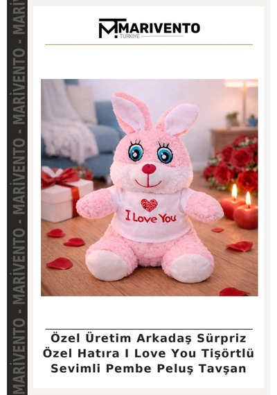 Özel Üretim Arkadaş Sürpriz Özel Hatıra I Love You Tişörtlü Sevimli Pembe Peluş Tavşan Çok Renkli