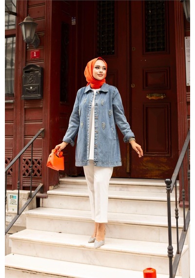 Harman Butik Kadın Kristal Taş Detay Denim Kot Ceket Mavi Mavi