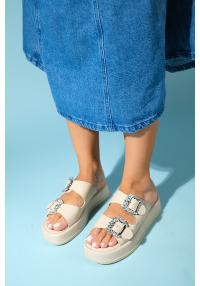Luvishoes Luvi Shoes Preds Bej Taşlı Tokalı Çift Bantlı Kadın Terlik Bej