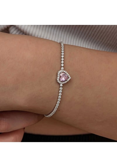 Gümüş Pembe Taşlı Kalpli Su Yolu Bileklik Çok Renkli